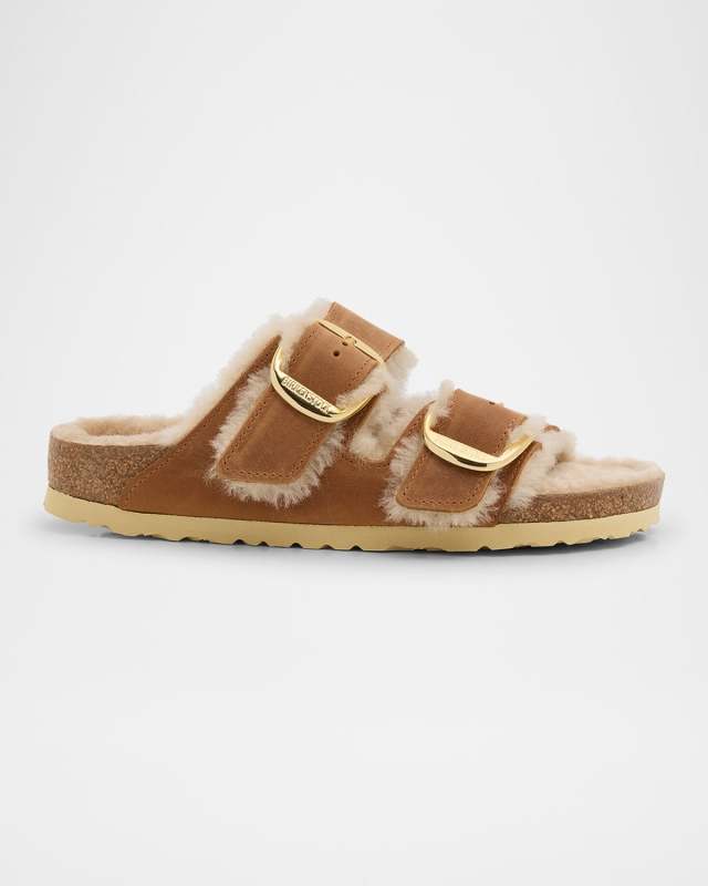 Arizona Suede Shearling Dual-Buckle Slide Sandals